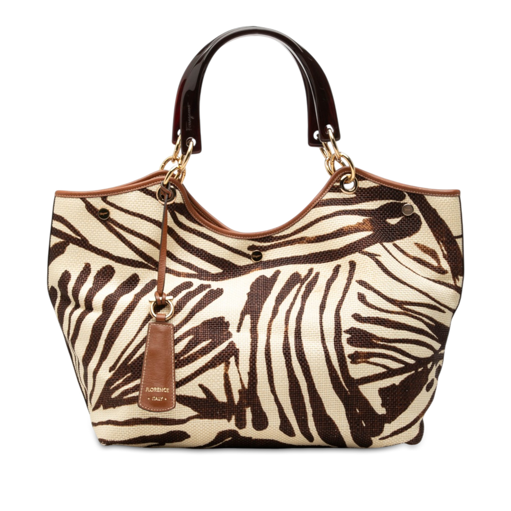 Pre-Loved Ferragamo Zebra Printed Straw Shopper Tote
